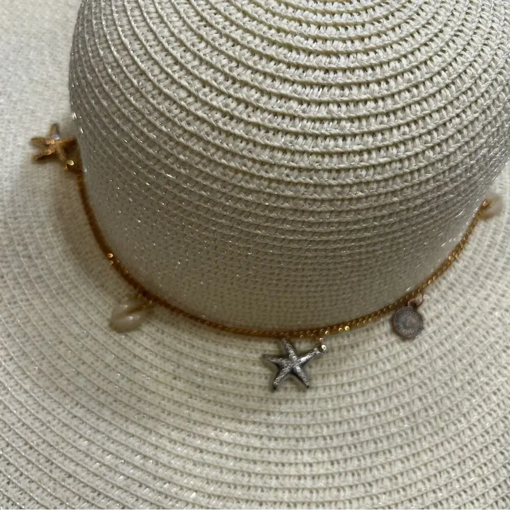 Light Beige Wide Brim‎ 100% Grass Sunhat W/ Beach Necklace/Chain